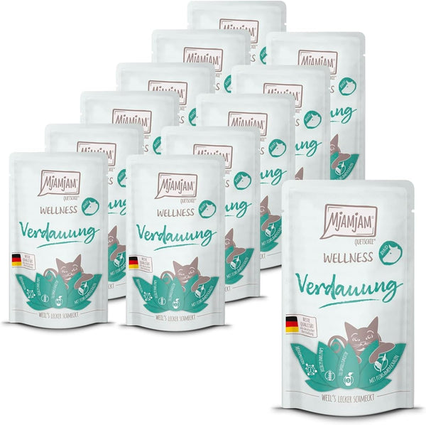 Mjamjam - Hrană umedă premium pentru pisici - Wellness - Digestion - Beef, pachet de 12 (12 X 125G), fără cereale
