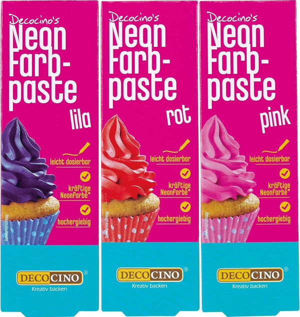 Set de coloranți alimentari Decocino Neon - 3 piese - Roșu, roz, violet - Colorant alimentar cu doză mare - Pentru colorarea prăjiturilor, brioșelor, cupcake-urilor - Fără gust