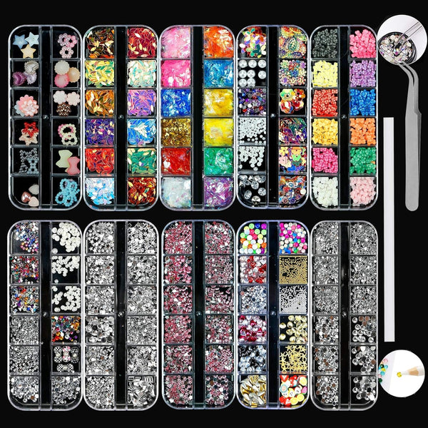 10 cutii kit de strasuri pentru unghii, accesorii multifuncționale cu 1 pensetă, diamante decorative, cristale, perle, pietre prețioase, colorate, amestecate, ochi de cal, pietre metalice, pentru decorarea unghiilor DIY