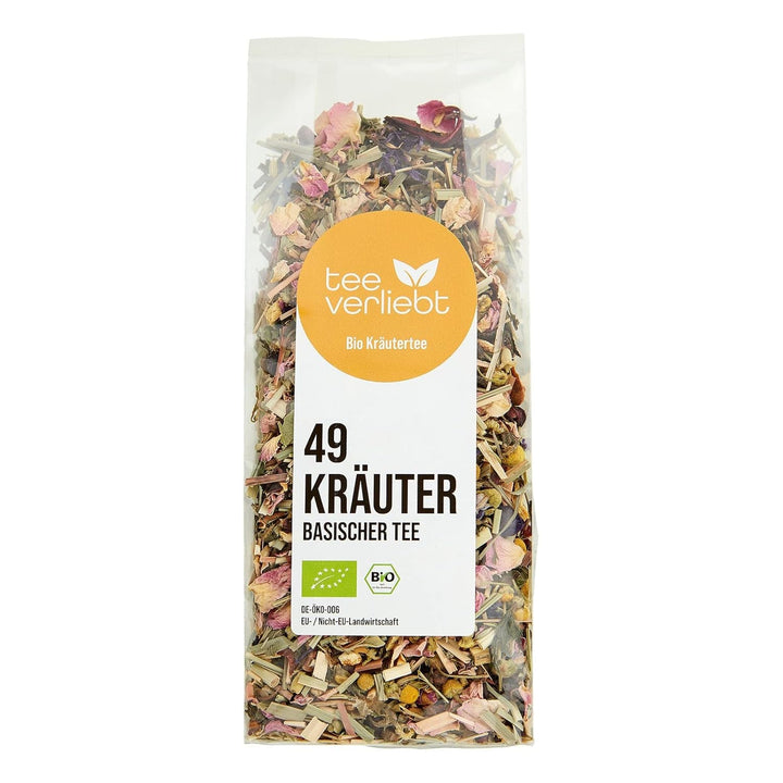 Teeverliebt - Ceai de plante alcalin 1000 g ceai vrac cu 49 de plante organice selectate, ceai alcalin pentru bunăstare cu păpădie, rădăcină de alant, salvie, urzică, scorțișoară, măr și multe altele.