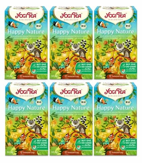 Yogi Tea - Happy Nature, Buy One and Do Good, ceai ayurvedic organic cu mirodenii și plante, amestec de mango, mandarină și vanilie, Yogi Tea pachet de 6, 6X17 pliculețe (102 pliculețe de ceai în total)