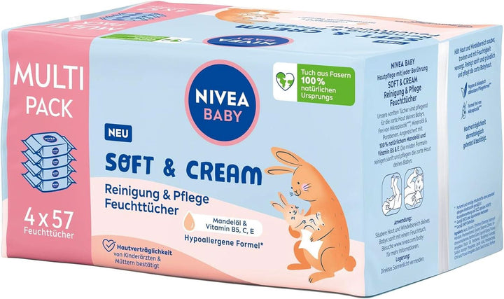 NIVEA BABY Soft & Cream Feuchttücher, Baby Feuchttücher Zur Sanften Reinigung Empfindlicher Babyhaut, Hypoallergene Feuchttücher Für Babys Mit Mandelöl Und Vitaminen (4 X 57 Stück) Naty Shop