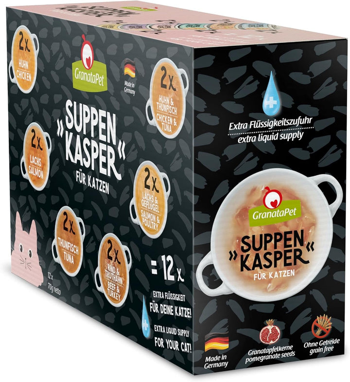 Granatapet Suppenkasper Multipack 6 varietăți, 12 X 70 G, Gustări pentru pisici, Răsfățuri pentru hidratare suplimentară, Supapă împotriva foametei mici, Hrană pentru pisici fără cereale și fără zahăr adăugat