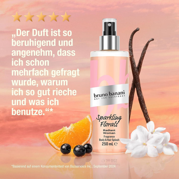 Bruno Banani Radiant Woman Body & Hair Splash, parfum radiant cu note fructate strălucitoare și o notă de chihlimbar, 250 ml