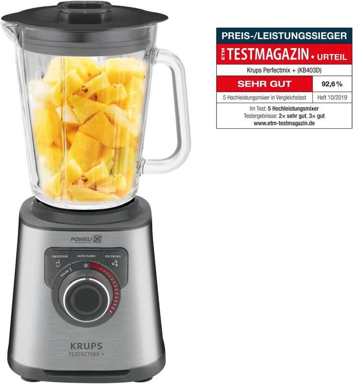 Krups KB403D Perfectmix + Hochleistungsstandmixer | 1.200W | 28.000 Upm | 2L Glasbehälter | 3 Voreingestellte Programme | Powelix- Technologie | Edelstahl/Dunkelgrau Bucatarie Naty Shop