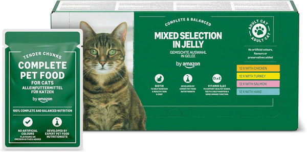 By Amazon Hrană pentru pisici, umedă, fără cereale, pentru pisici adulte, selecție mixtă în jeleu, 4,8 kg (48 pachete a 100 g)