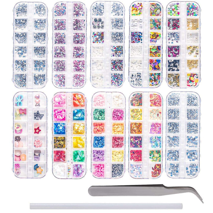 10 cutii kit de strasuri pentru unghii, accesorii multifuncționale cu 1 pensetă, diamante decorative, cristale, perle, pietre prețioase, colorate, amestecate, ochi de cal, pietre metalice, pentru decorarea unghiilor DIY