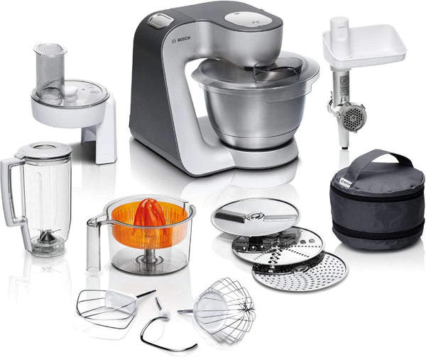 Bosch Küchenmaschine Serie 4 MUM56340, Schüssel 3,9 L, Mixer 1,25 L, Fleischwolf, Zitruspresse, Planetenrührwerk, Knethaken, Schlag-, Rührbesen, Durchlaufschnitzler, 3 Scheiben, 900 W, Silber/Grau Mama si Copilul Naty Shop