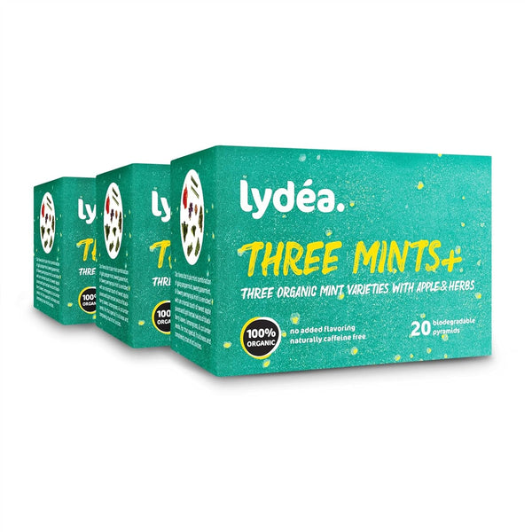 Lydea Three Mints+, ceai organic din plante cu trei sortimente de mentă, mere și plante, 60 piramide, pachet de 3 [3 x 20 piramide]