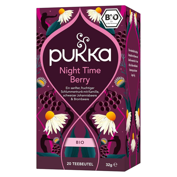 Pukka | Ceai de fructe bio „Night Time Berry” | Mușețel, coacăze negre și mure | Ceai pentru o seară relaxantă | Fără cofeină | Pachet de 1 | 20 pliculețe de ceai