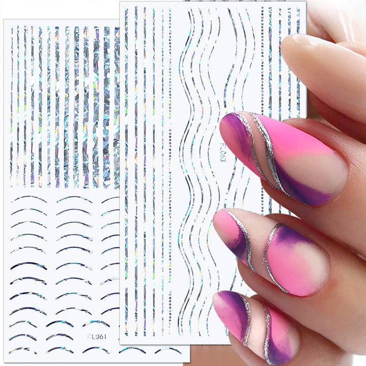 12 foi cu laser sclipici linii autocolante unghii autoadezive autocolante holografice dungi bronz autocolante unghii linie franceză arcuri curbe linii ondulate autocolante unghii accesorii Nail Art