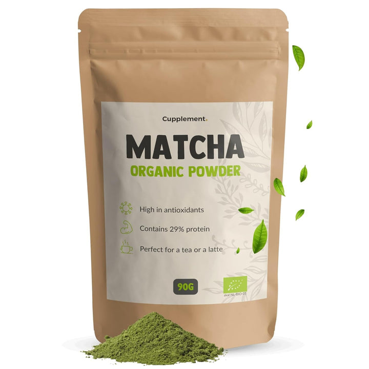 Cupplement Matcha 90 grame bio - Ceai verde pudră de cea mai înaltă calitate - Fără bătător de bambus și tel - Culunary - Set pentru începători - Latte - Bătător - Japonia - Pudră - Ceai - Tel - Pungă - Smoothie