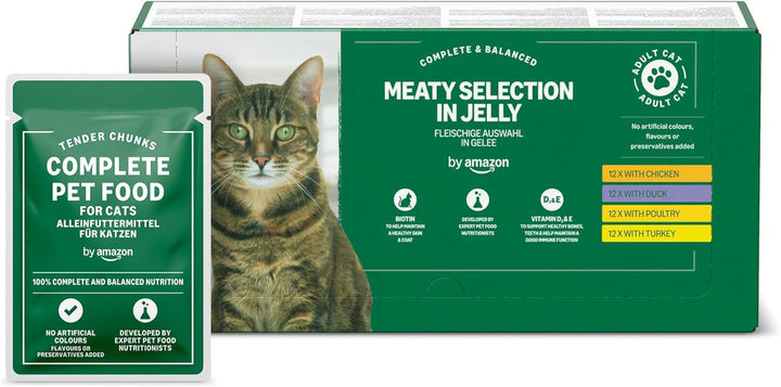 By Amazon Hrană pentru pisici, umedă, fără cereale, pentru pisici adulte, selecție mixtă în jeleu, 4,8 kg (48 pachete a 100 g)