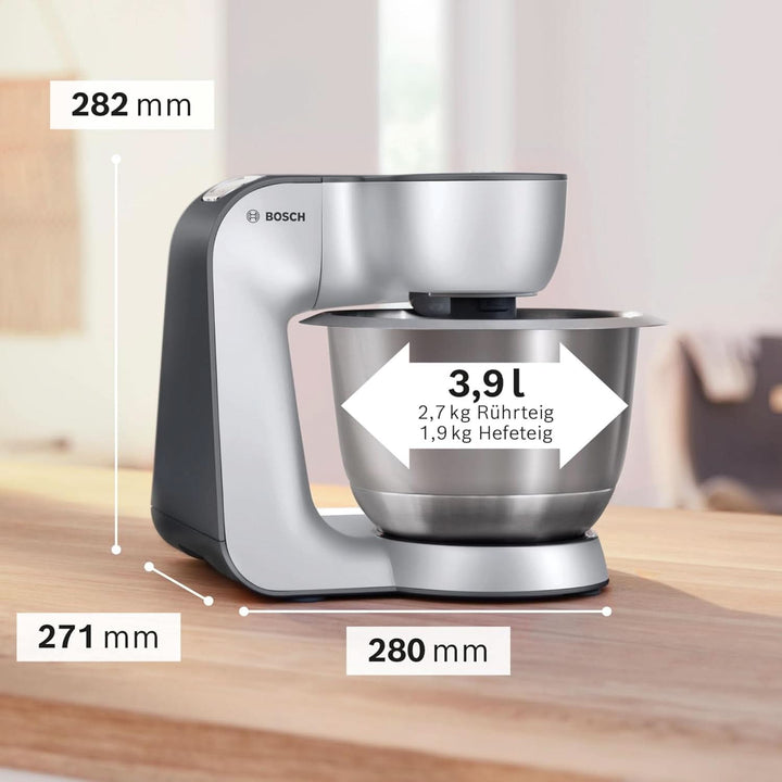 Bosch Küchenmaschine Serie 4 MUM56340, Schüssel 3,9 L, Mixer 1,25 L, Fleischwolf, Zitruspresse, Planetenrührwerk, Knethaken, Schlag-, Rührbesen, Durchlaufschnitzler, 3 Scheiben, 900 W, Silber/Grau Mama si Copilul Naty Shop