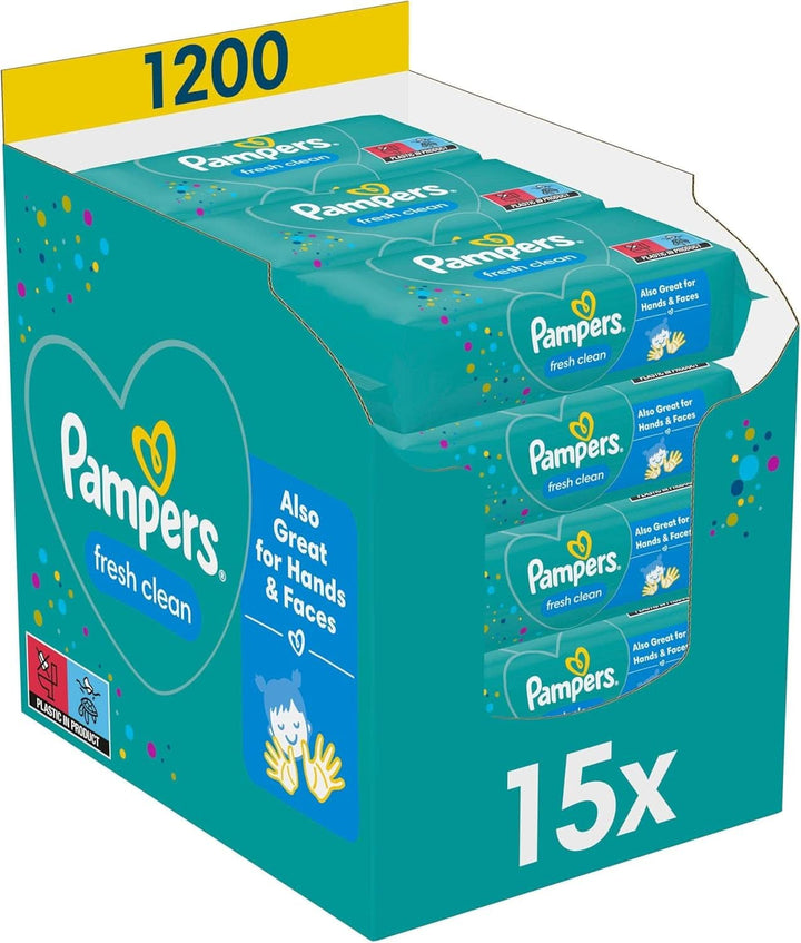 Pampers Fresh Clean Feuchttücher 15 Packungen Mit 80 Stück - 1200 Feuchttücher, Milder Duft, Auch Für Hände Und Gesicht Geeignet Naty Shop