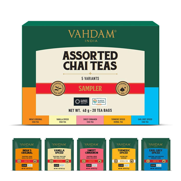 VAHDAM, set de degustare cu sortimente de ceai (20 de arome, 40 bucăți) Ceai negru, ceai verde, ceai din plante, ceaiuri chai și multe altele | Pliculețe de ceai piramidale cu frunze lungi | Cadouri pentru femei și bărbați