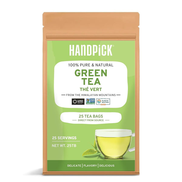HANDPICK, pliculețe de ceai verde - 25 bucăți | 100% frunze de ceai verde pur din Himalaya, India | Plicuțe de ceai verde ecologice, preparare la cald sau rece
