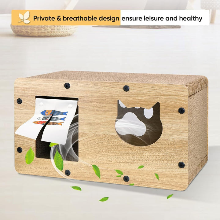 Căsuță din carton pentru pisici cu zgârietură pentru pisici, pat și peșteră pentru pisici de interior cu catnip, mobilier de zgârietură pentru pisici ușor de asamblat pentru diverse decorațiuni interioare, 53 x 30 x 28 cm