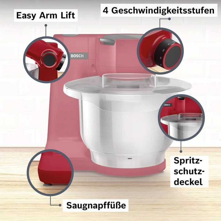 Bosch Küchenmaschine Serie 2 MUMS2ER01, Edelstahl-Schüssel 3,8 L, Planetenrührwerk, Knethaken, Schlag-, Rührbesen Edelstahl, Durchlaufschnitzler, 3 Scheiben, 700W, Rot Mama si Copilul Naty Shop