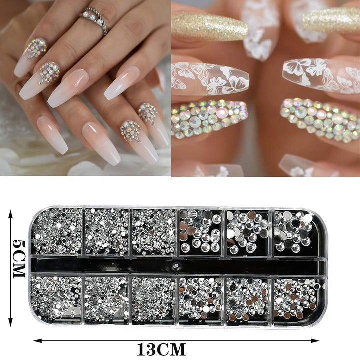 10 cutii kit de strasuri pentru unghii, accesorii multifuncționale cu 1 pensetă, diamante decorative, cristale, perle, pietre prețioase, colorate, amestecate, ochi de cal, pietre metalice, pentru decorarea unghiilor DIY