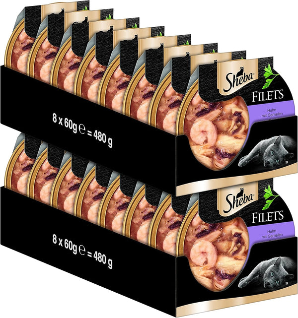 Sheba Filets - Cea mai fină hrană umedă pentru pisici în bol - Pui cu creveți - 16 X 60G