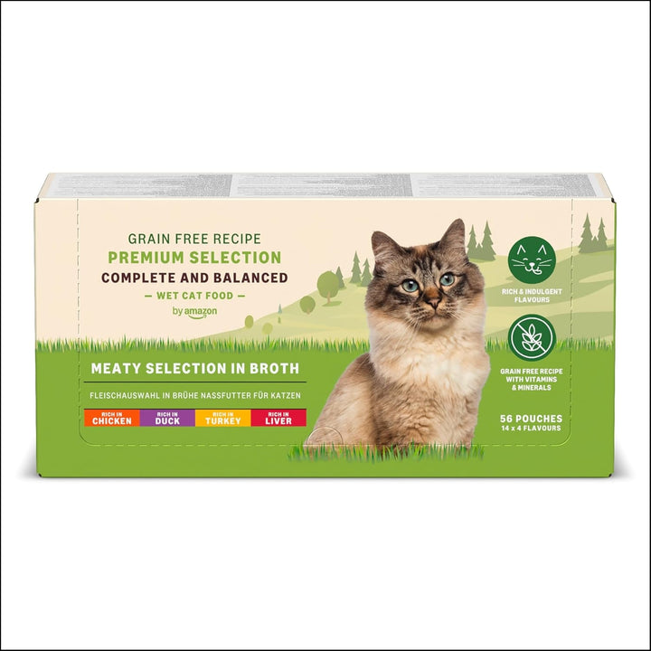By Amazon Hrană pentru pisici, umedă, fără cereale, pentru pisici adulte Meat Choice în bulion, 4,76 Kg, 56 de pachete cu 85G (înainte de Lifelong)