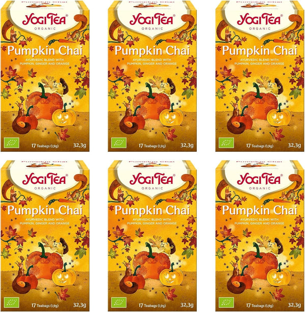 Yogi Tea - Pumpkin Chai, ceai ayurvedic organic cu mirodenii și plante, fără cofeină din natură, amestec de dovleac, ghimbir și portocală, Yogi Tea pachet de 6, 6X17 pliculețe (102 pliculețe de ceai în total)