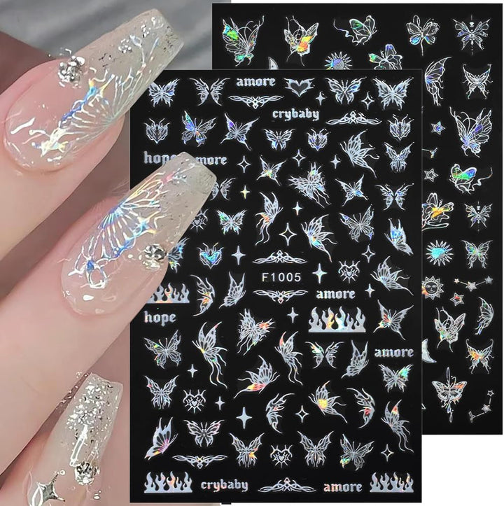 4 Blätter Holographisch Laser Weiß Schmetterling Nagelsticker,Y2K Aurora Schmetterlinge Stern Nail Sticker 3D Flamme Herz Nageldesign Nagelsticker Selbstklebend Nagel Sticker Nagel Zubehör Nail Art