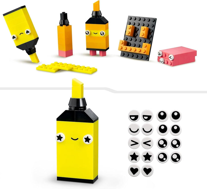 LEGO 11027 Classic Neon Creative Building Set, Brick Box Set, Jucărie de construcție cu modele: mașină, ananas, extraterestru, patine cu rotile, figuri și multe altele, pentru copii de la 5 ani în sus Seturi de constructie Besuche den LEGO-Store