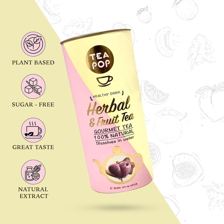 Ceaiuri din plante și fructe Tea-Pop, 6 stickuri Tea-Pop 100% naturale, ceaiuri gourmet vegane cu lămâie și ghimbir, punch de fructe, caramel crocant, ușor solubile în apă