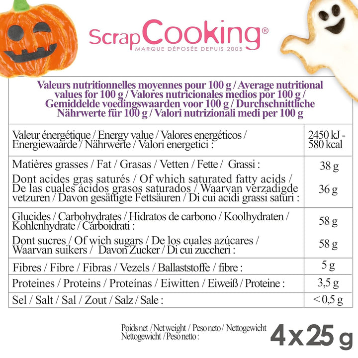 Scrapcooking - Set de 4 creioane colorate de ciocolată pentru Halloween - Negru, portocaliu, violet și alb - Colorant comestibil - Colorant alimentar pentru scris - Scrie și desenează pe deserturi, prăjituri și fursecuri - 7064