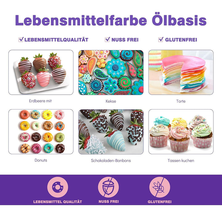 Colorant alimentar liposolubil - Ercorart 10 culori colorant alimentar pe bază de ulei, foarte concentrat, pentru ciocolată, unt de cacao, fudge, prăjitură cu ciocolată, glazură, înghețată etc., 6 ml/bucată