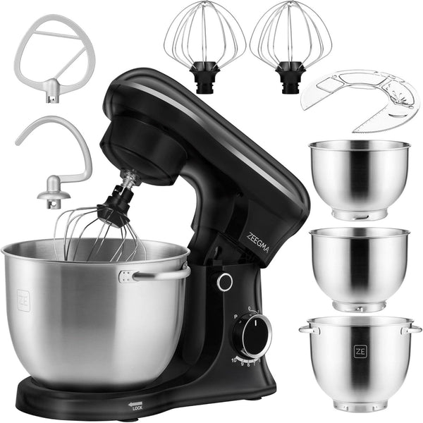 ZEEGMA PLANEET TRIO Planetenroboter, 1500 W, Multifunktionale Küchenmaschine Mit 3 Schüsseln 4 L, 4,5 L Und 5,2 L, 10 Betriebsgeschwindigkeiten, Mixer Mit Haken, Schneebesen (Schwarz) Mama si Copilul Naty Shop Schwarz