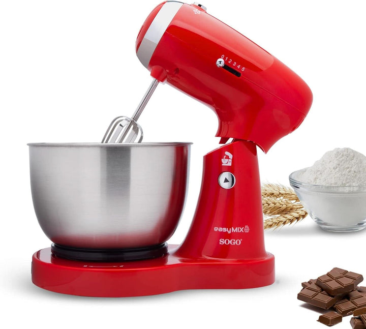 SS-14506 Küchenmaschine, Mixer Und Mixer 3-In-1 Mit Drehschüssel, Stäbchen Und Haken Zum Kneten Aus Edelstahl, 5 Geschwindigkeiten, 3,2 Liter (Rot) Mama si Copilul Naty Shop