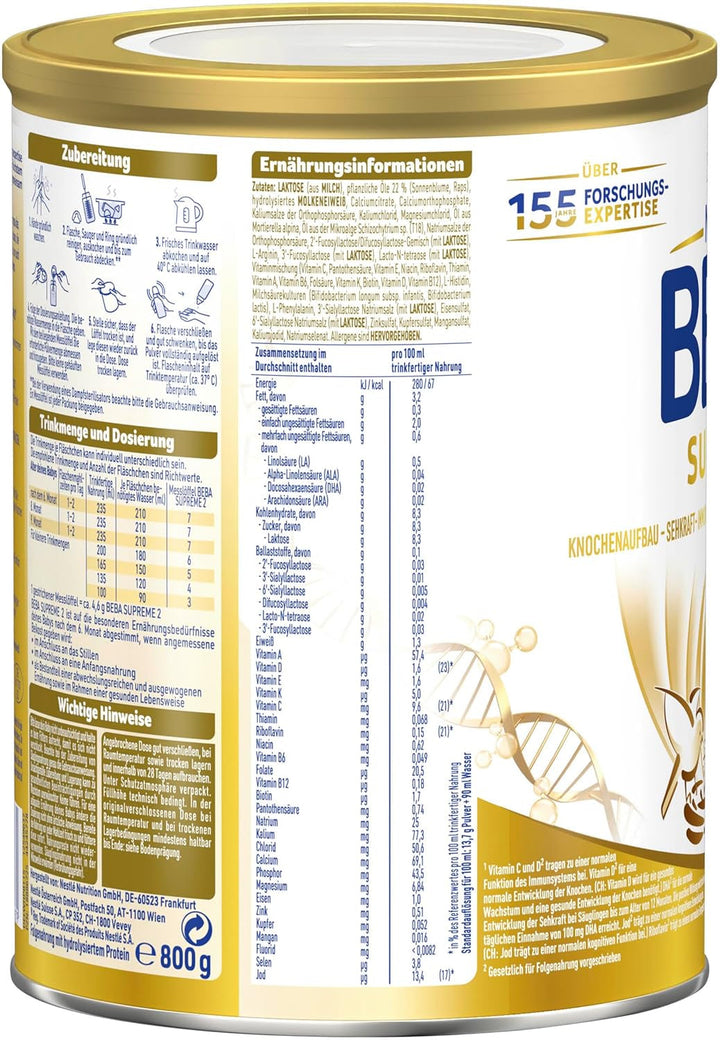 BEBA SUPREME 2 Lapte de continuare după 6 luni, doar lactoză, fără ulei de palmier, pachet de 6 (6 x 800 g) Naty Shop