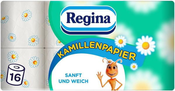Hârtie igienică Regina Chamomile Paper 3 straturi - pachet de 16 role, 150 de foi pe rolă, moale și delicată cu aromă de mușețel și hârtie certificată Fsc