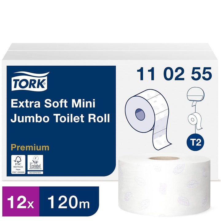 Tork 472102 Hârtie igienică Mini Jumbo în calitate avansată pentru sistemul de hârtie igienică Tork T2 Mini Jumbo / hârtie igienică 2 straturi în alb, 12 X900 coli