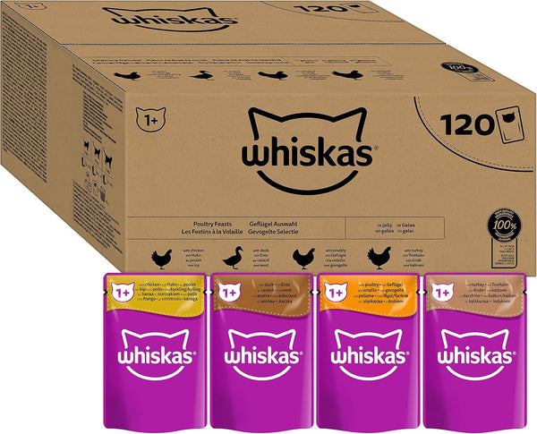 Hrană umedă pentru pisici Whiskas Adult 1+ Poultry selection in jelly, 120 pliculețe, 120X85G (1 pachet vrac) - Hrană umedă de înaltă calitate, Pentru pisici adulte