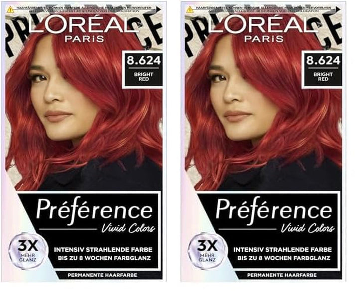 L'Oréal Paris Intensive permanent hair color, Până la 8 săptămâni de păr strălucitor și culoare intensă, Préférence Vivid Colors, Culoare: 8.624 BRIGHT RED, 1 buc (pachet de 2) Vopsea pentru par Naty Shop Titlu implicit