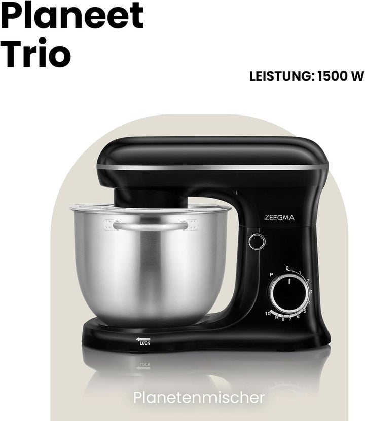ZEEGMA PLANEET TRIO Planetenroboter, 1500 W, Multifunktionale Küchenmaschine Mit 3 Schüsseln 4 L, 4,5 L Und 5,2 L, 10 Betriebsgeschwindigkeiten, Mixer Mit Haken, Schneebesen (Schwarz) Mama si Copilul Naty Shop