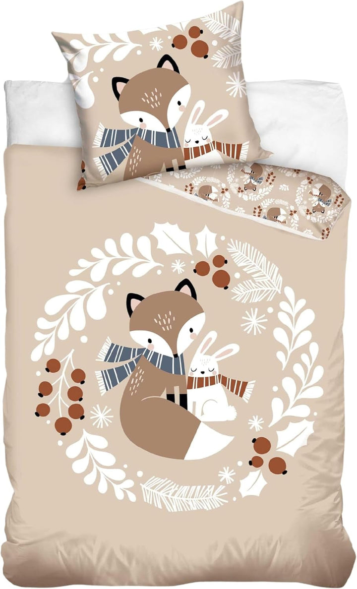 Set de lenjerie de pat pentru copii, animale, 100% bumbac cu fermoar Lenjerie de pat - copii Naty Shop Vulpe si Iepuras