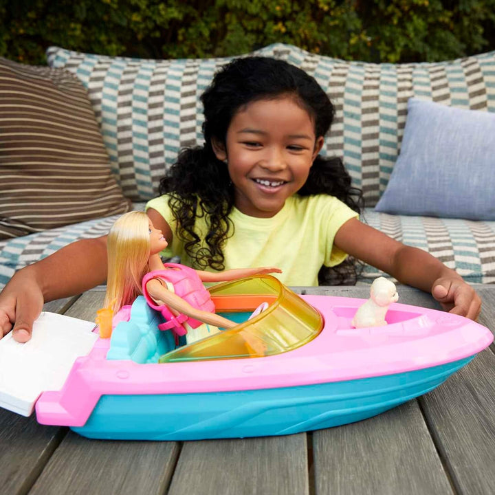 Barbie Speedboat Set, păpușă Barbie cu păr blond, vestă de salvare roz, barcă, cățel, accesorii, cadouri pentru copii cu vârsta peste 3 ani, Grg30 Papusi Naty Shop