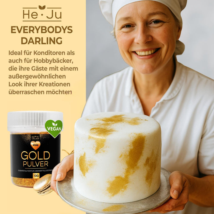 Pudră de aur comestibilă He-Ju 10g, vegană și fără E171, colorant alimentar auriu, sclipici comestibil pentru băuturi și alimente