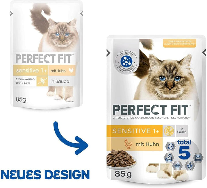 Perfect Fit Sensitive 1+ hrană umedă pentru pisici cu pui în sos, 12 pungi porție, 12X85G - Hrană umedă premium pentru pisici, Pentru pisici sensibile de la 1 an, Fără grâu și soia, Pentru susținerea digestiei