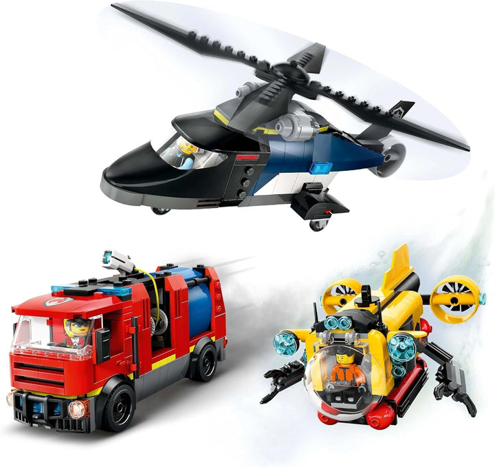 Set combinat LEGO City cu elicopter, mașina leului și submarin și 3 minifigurine - vehicule de jucărie construibile pentru băieți și fete de la 7 ani - cadou de ziua de naștere și de vacanță 60462 Seturi de constructie Besuche den LEGO-Store