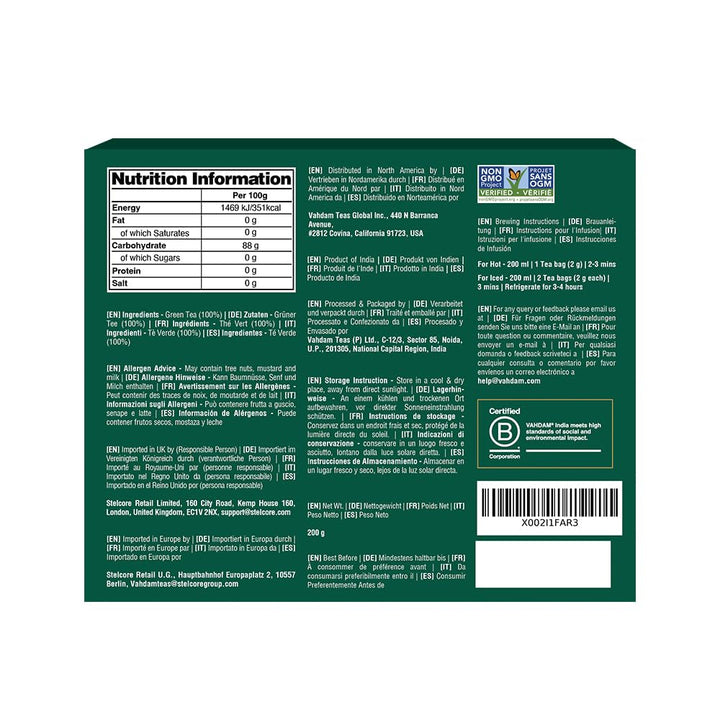 VAHDAM, ceai verde din Himalaya (100 pliculețe de ceai) 100% pur și aromat | Frunze de ceai verde natural | Vegan, fără gluten, fără lactoză | Proaspăt și direct de la sursa din India | Ceai verde