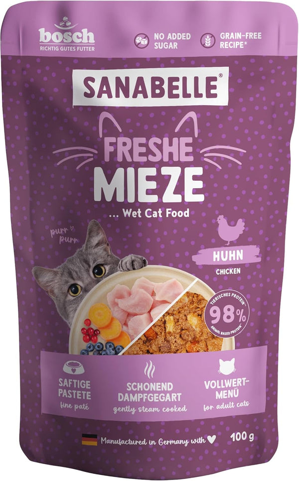 Sanabelle Freshe Mieze - Pui | Pungă de 100 g complet reciclabilă | Hrană umedă pentru pisici gătită la aburi | Hrană pentru pisici proaspăt gătită | O marcă Bosch Pet Food
