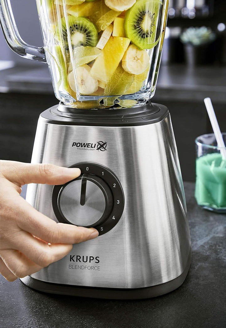 Krups KB439D Blendforce 2 Standmixer | 800 Watt | 5 Geschwindigkeiten | Pulsfunktion | 1,75 Liter Thermoglasbehälter (Nutzvolumen: 1,25 Liter) | Stoßfest | Eiszerkleinerer | Edelstahl Mama si Copilul Naty Shop
