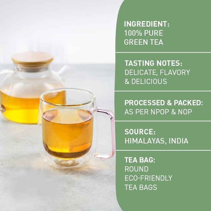 HANDPICK, pliculețe de ceai verde - 25 bucăți | 100% frunze de ceai verde pur din Himalaya, India | Plicuțe de ceai verde ecologice, preparare la cald sau rece