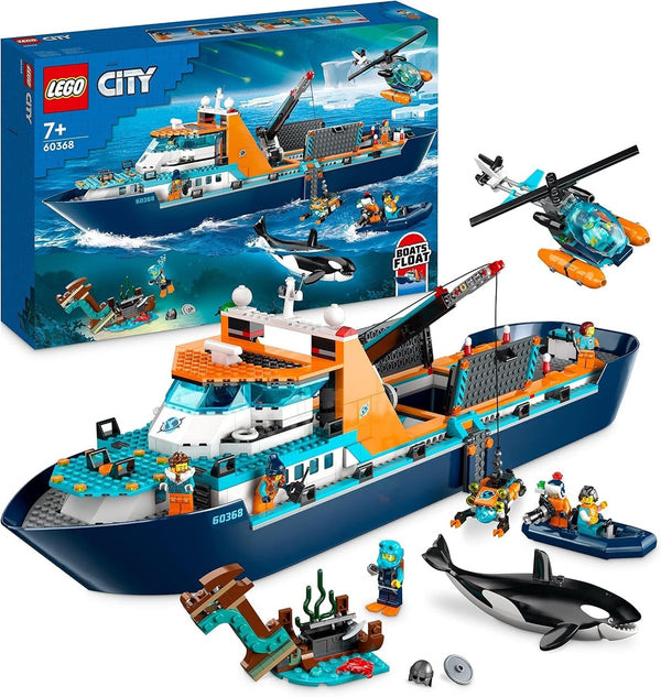 LEGO City Arctic Research Ship, barcă mare de jucărie plutitoare cu elicopter, barcă pneumatică, submarin Rov, epavă vikingă, 7 minifigurine și figură Orca, cadou pentru copii cu vârsta de 7+ 60368 Seturi de constructie Besuche den LEGO-Store Singur